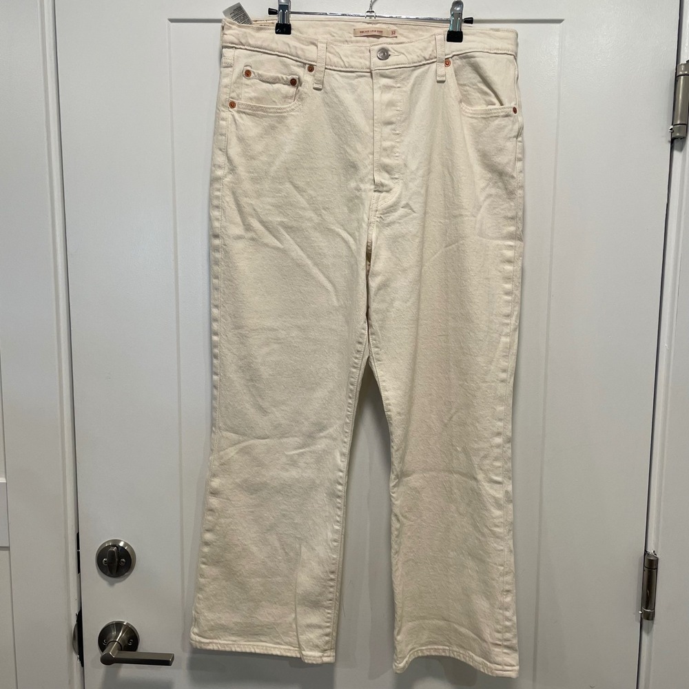 Levis Premium Ribcage Crop Boot Jeans Off White Ecru Button Fly High Rise 32
